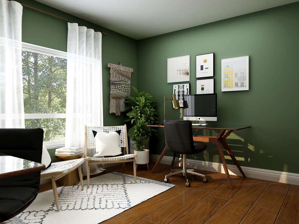 A room with a desk, chair, and a window