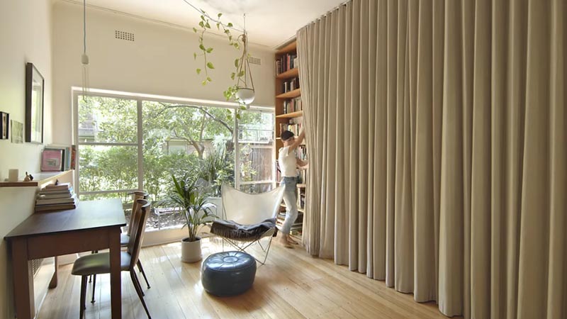 Curtained Storage living room