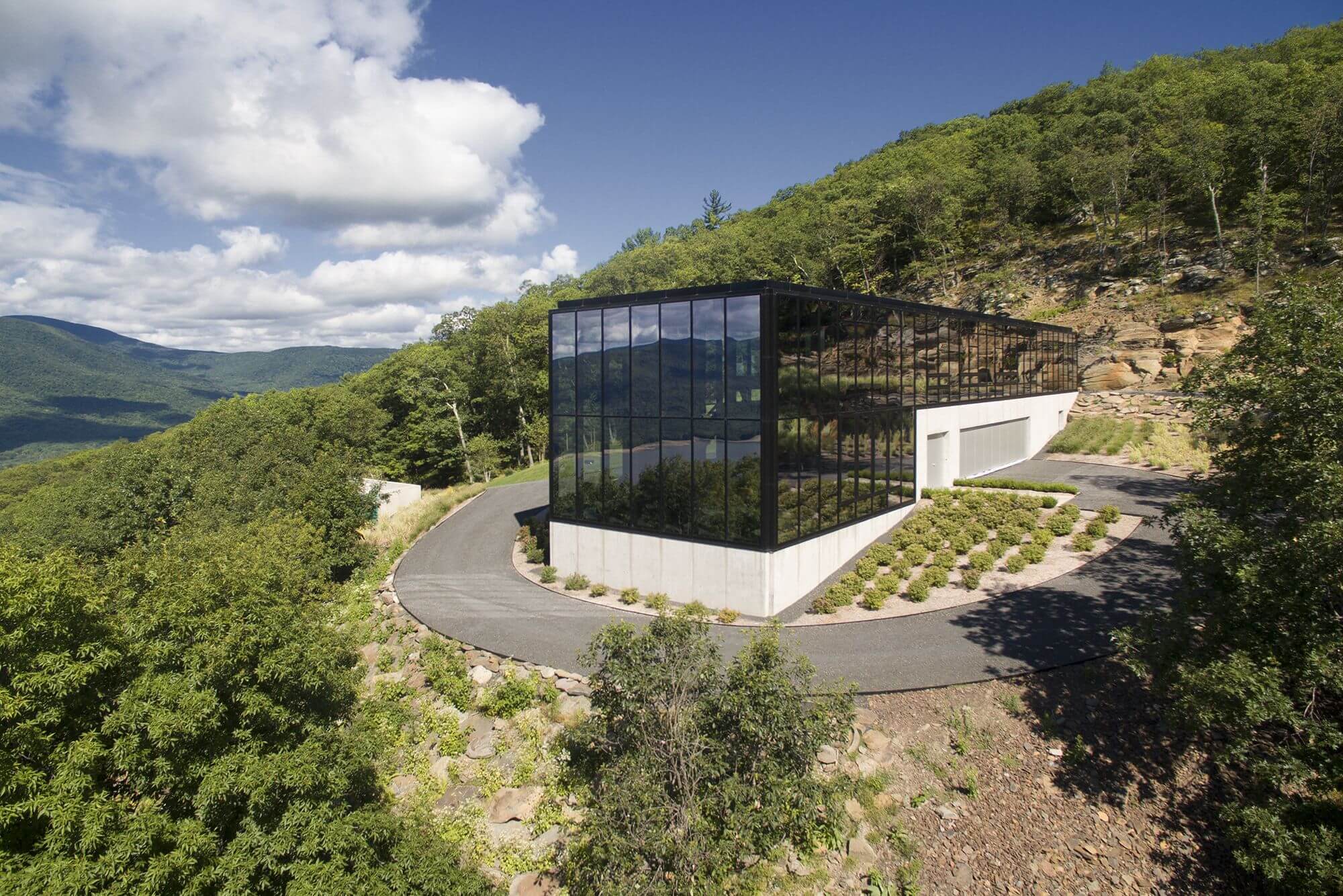exterior of glass box house