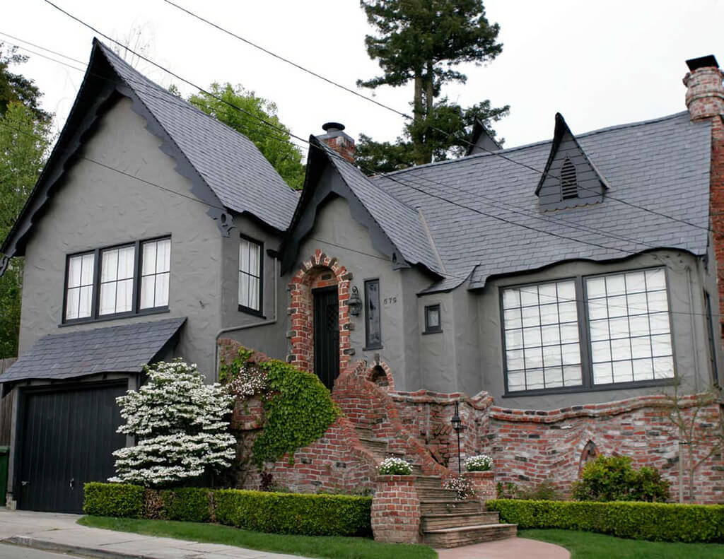 Storybook Style House black door and windows