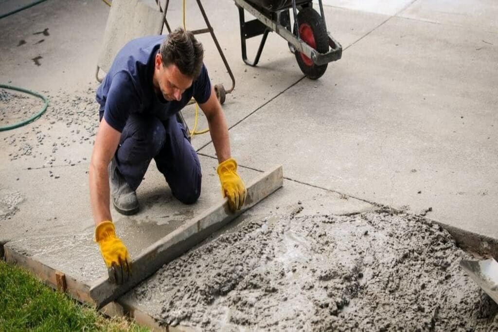 A man in blue shirt and yellow gloves working on road
