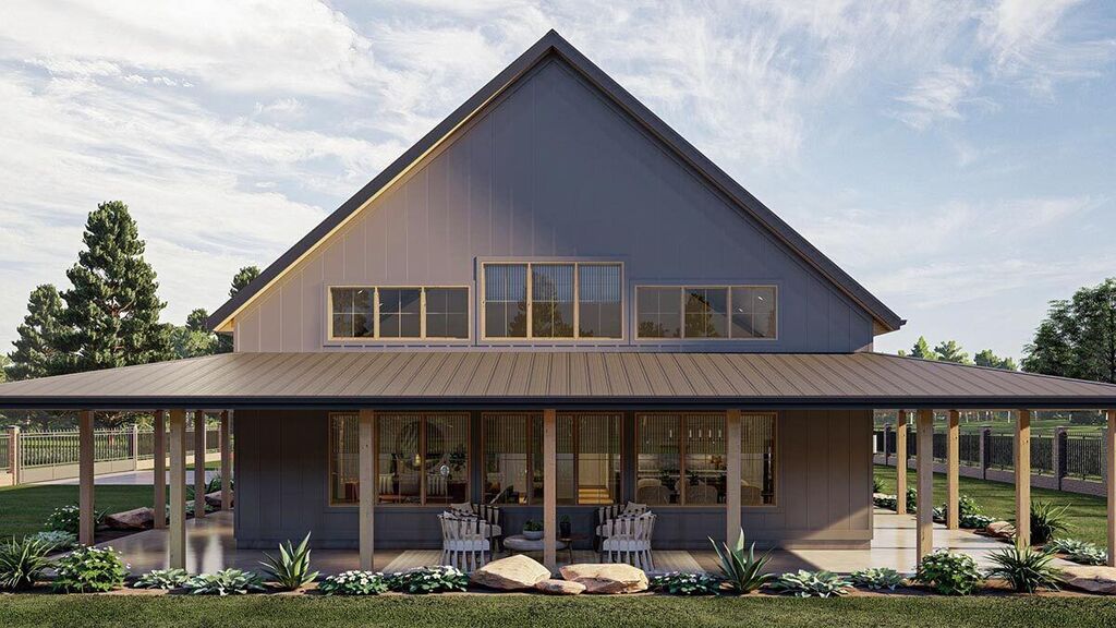 Porch Wrapping Around 1 Story Barndominium Home