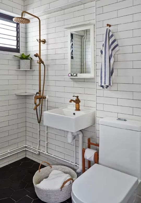 Walk in shower with White tiles