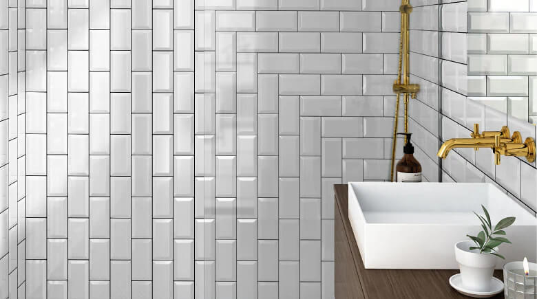 White Bevelled Subway Tiles in Shower