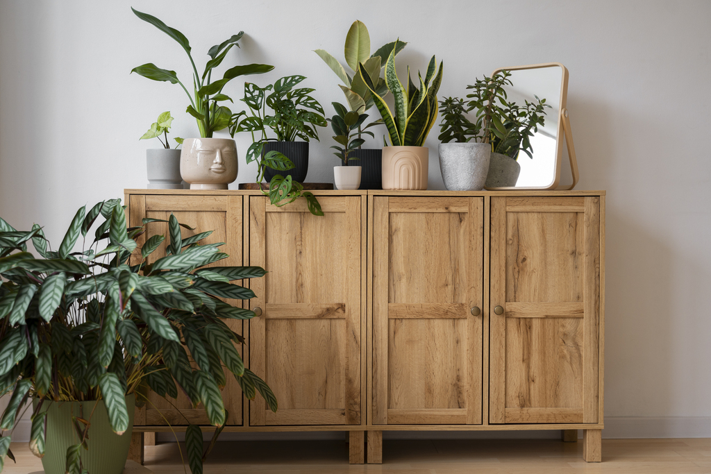indoor plants on top of wooden shelf