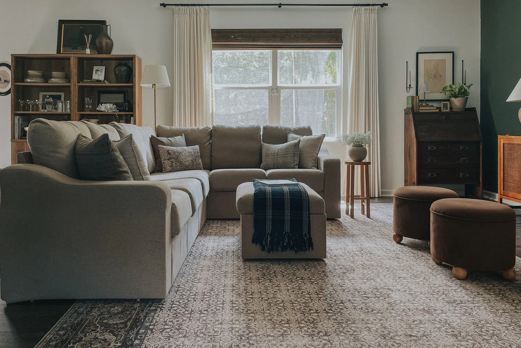bright living room with a gray sectional sofa
